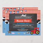 農場ヤードの誕生会の動物のブタのトラクターの招待 招待状 (正面/裏面)