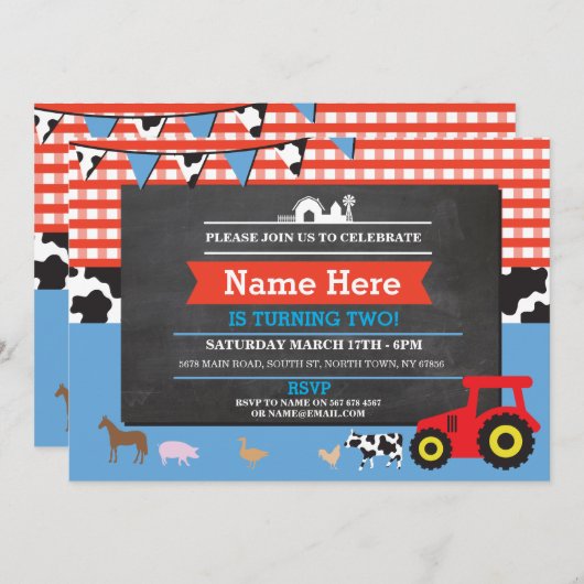 農場ヤードの誕生会の動物のブタのトラクターの招待 招待状 (正面/裏面)