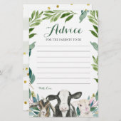 農場動物の緑の少年ベビーシャワーアドバイスカード (正面/裏面)