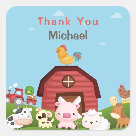 農場動物納屋周囲の庭誕生日サンキューギフトラベル スクエアシール (正面)