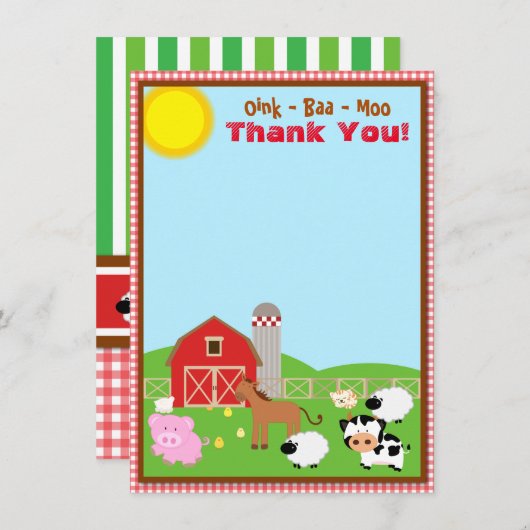 農場動物納屋周囲の庭誕生日ベビーシャワー サンキューカード (正面/裏面)