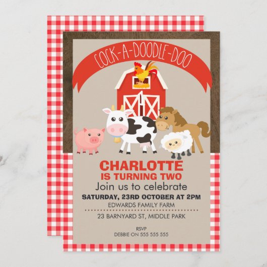 農場構内の納屋周囲の庭動物の誕生日の招待状 招待状 (正面/裏面)