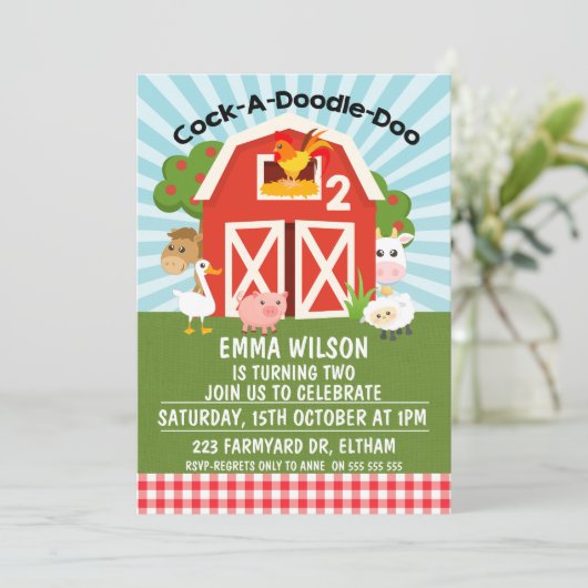 農場納屋周囲の庭動物2歳誕生日招待状 招待状 (スタンド正面)