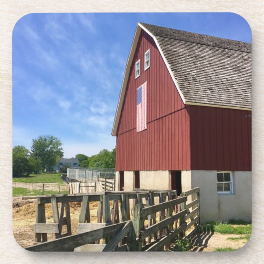農場 |アメリカ国旗を持つ赤い納屋 コースター (正面)