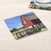 農場 |アメリカ国旗を持つ赤い納屋 スクエアペーパーコースター (アングル)