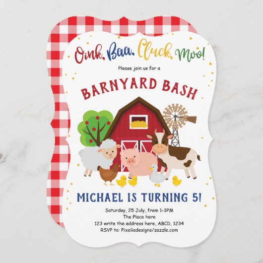 農場，動物，納屋周囲の庭，ペッティング動物園，誕生日 招待状 (正面/裏面)