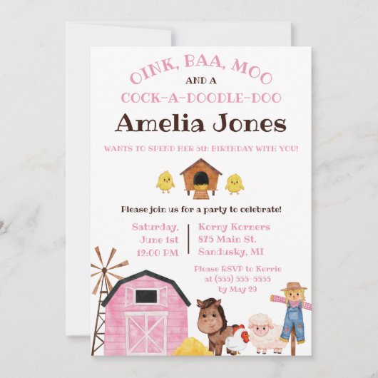 農場、納屋周囲の庭動物、子供の誕生日パーティー 招待状 (正面)