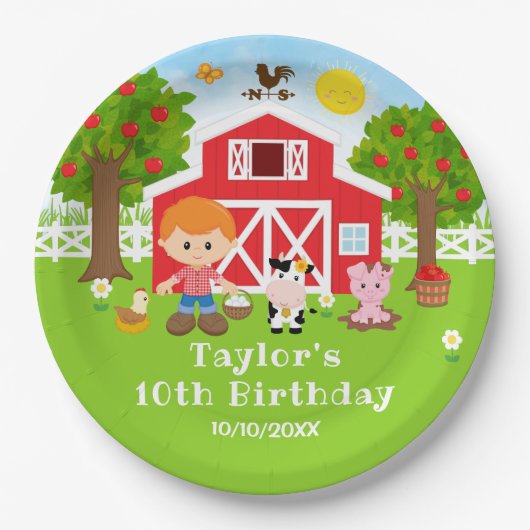 農場 赤い納屋 赤毛の少年 誕生日パーティー ペーパープレート (正面)