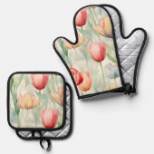 農場 赤い黄色のチューリップの花 ブライダルシャワー 鍋つかみ&鍋敷きセット (正面/裏面)