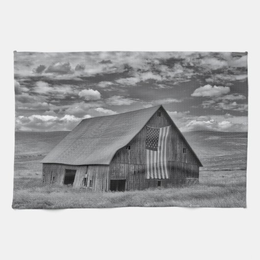 農場 | BW American Flag Barn Scene キッチンタオル (横)