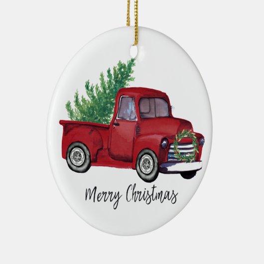 農家のクリスマスの水彩画の赤のトラック セラミックオーナメント (右)