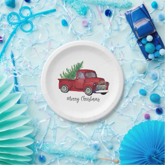 農家のクリスマスの水彩画の赤のトラック ペーパープレート (パーティー)