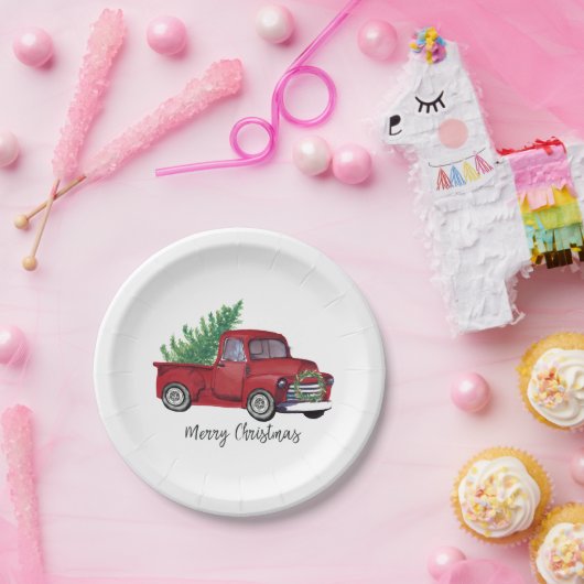 農家のクリスマスの水彩画の赤のトラック ペーパープレート (パーティー)