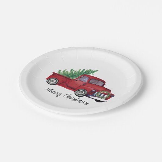 農家のクリスマスの水彩画の赤のトラック ペーパープレート (アングル)