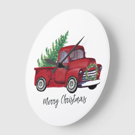 農家のクリスマスの水彩画の赤のトラック ラージ壁時計 (傾斜)