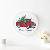 農家のクリスマスの水彩画の赤のトラック ラージ壁時計 (ホーム)