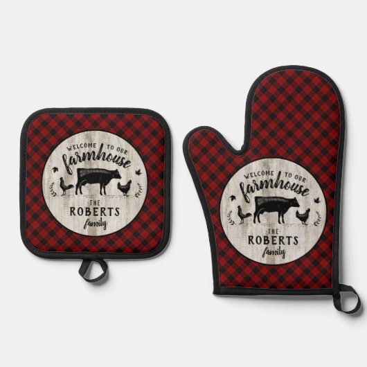 農家の名素朴前バッファロープレイドバーンウッドカウズ 鍋つかみ&鍋敷きセット (正面)