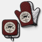 農家の名素朴前バッファロープレイドバーンウッドカウズ 鍋つかみ&鍋敷きセット (正面/裏面)