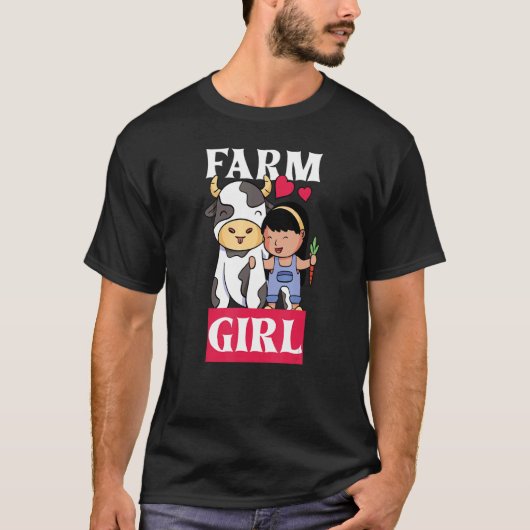 農家の娘 農家の娘 田舎の可愛い娘と牛 Tシャツ (正面)