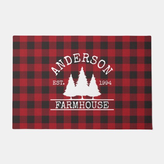 農家の家族名レッドバッファロープレイドラージ ドアマット (正面)