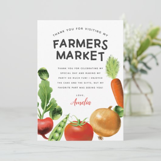 農家の市場をテーマにした子供の誕生日パーティー サンキューカード (スタンド正面)