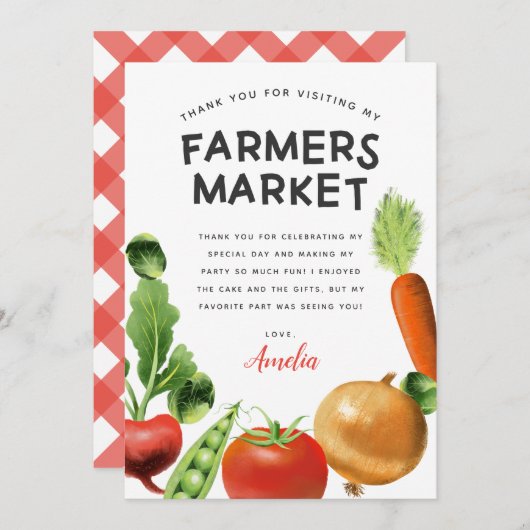 農家の市場をテーマにした子供の誕生日パーティー サンキューカード (正面/裏面)