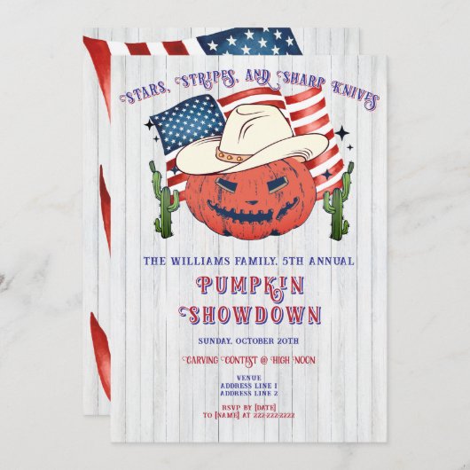 農家の愛国的なパンプキンショーダウンハロウィーン 招待状 (正面/裏面)