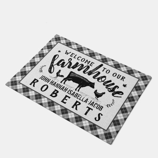 農家の歓迎された黒いバッファローの点検の格子縞牛 ドアマット (アングル)