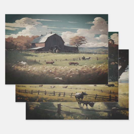 農家の水彩包み紙シート ラッピングペーパーシート (セット)