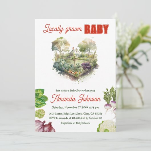 農家の畑の収穫地元で育てられた赤ちゃんシャワー 招待状 (スタンド正面)