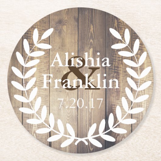 農家の白い月桂樹花嫁及び新郎の結婚式の日付 ラウンドペーパーコースター (正面)