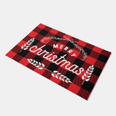 農家の赤い格子柄のバッファローはメリークリスマスをチェック ドアマット (アングル)