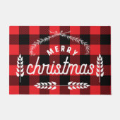 農家の赤い格子柄のバッファローはメリークリスマスをチェック ドアマット (正面)
