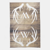 農家の軽い納屋の木製の板の(雄ジカの)枝角のモノグラム キッチンタオル (縦)