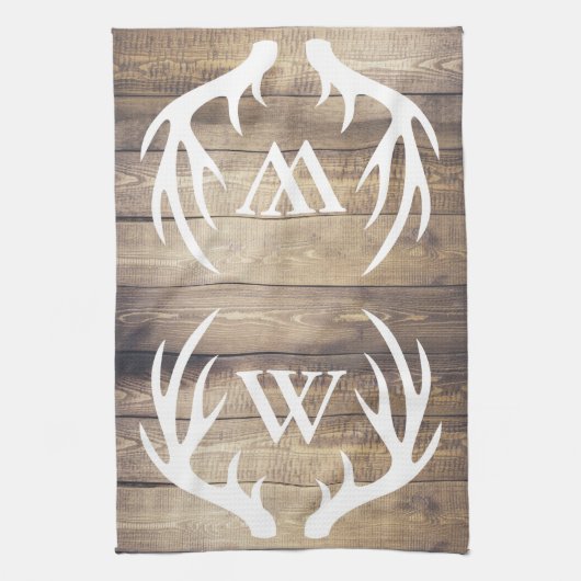 農家の軽い納屋の木製の板の(雄ジカの)枝角のモノグラム キッチンタオル (縦)