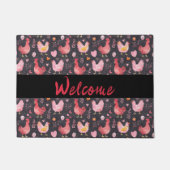 農家の鶏の黒い赤い歓迎 ドアマット (正面)