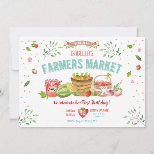 農家は育てられた野菜のフルーツの赤い女の子のパーティーを販売します 招待状 (正面)