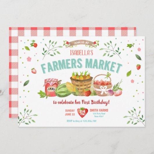 農家は育てられた野菜のフルーツの赤い女の子のパーティーを販売します 招待状 (正面/裏面)