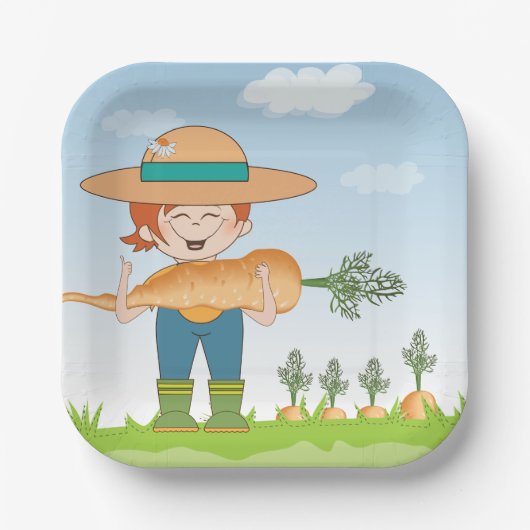 農家ガールと巨大なニンジン園芸家 ペーパープレート (正面)