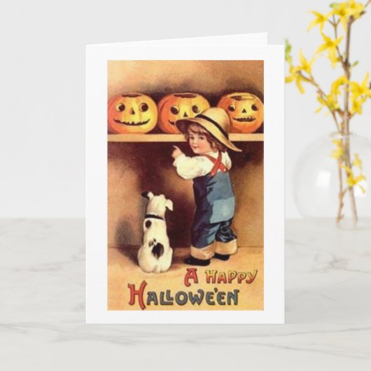 農家ビクトリアンボーイ及び犬のハロウィンカード カード (黄色い花)