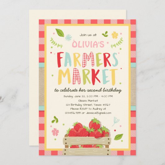 農家マーケット誕生日招待状ストロベリーファーム 招待状 (正面/裏面)