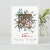 農家レッドホワイトバッファローチェック写真クリスマス シーズンカード (スタンド正面)