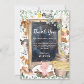 農家動物たちが緑の施設で1歳の誕生日のベビーシャワー サンキューカード (正面)