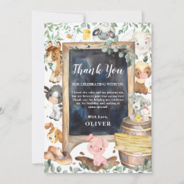 農家動物たちが緑の施設で1歳の誕生日のベビーシャワー サンキューカード