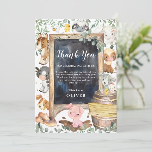 農家動物たちが緑の施設で1歳の誕生日のベビーシャワー サンキューカード (スタンド正面)