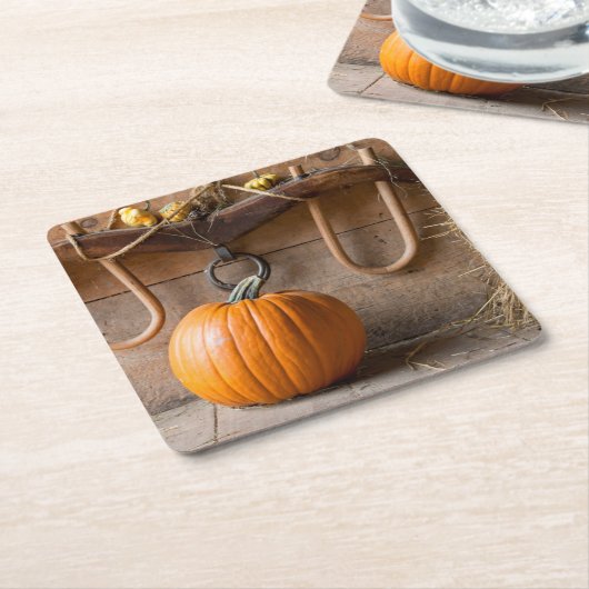 農家博物館。納屋の中のカボチャに干し草を1俵 スクエアペーパーコースター (アングル)