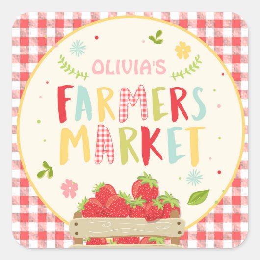 農家市場の誕生日イチゴメッセージカード スクエアシール (正面)