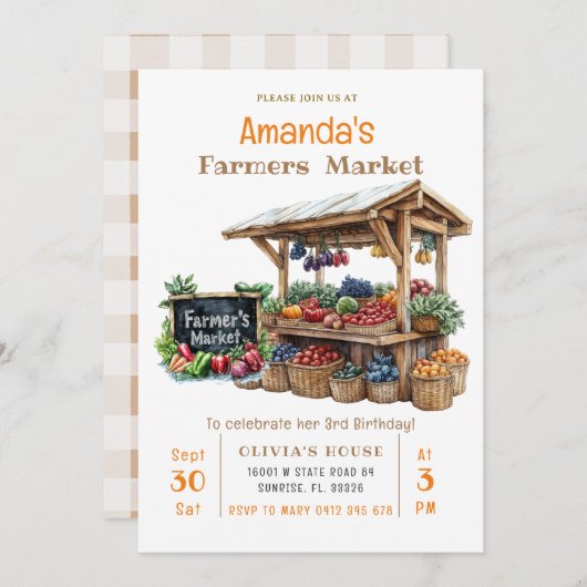 農家市場の野菜の果実誕生日 招待状 (正面/裏面)