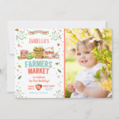 農家市場の野菜フルーツ赤い女の子パーティー 招待状 (正面)