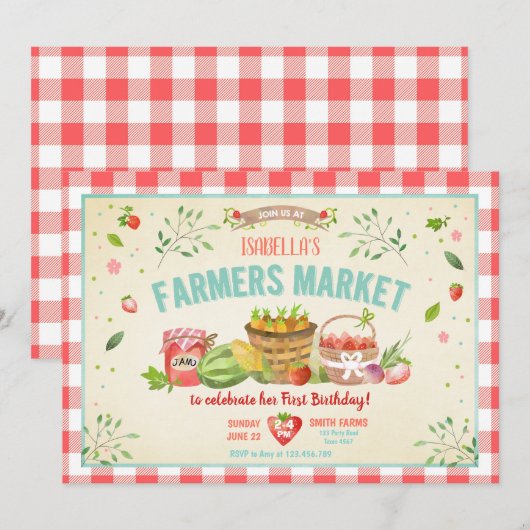 農家市場の野菜フルーツ赤い女の子パーティー 招待状 (正面/裏面)